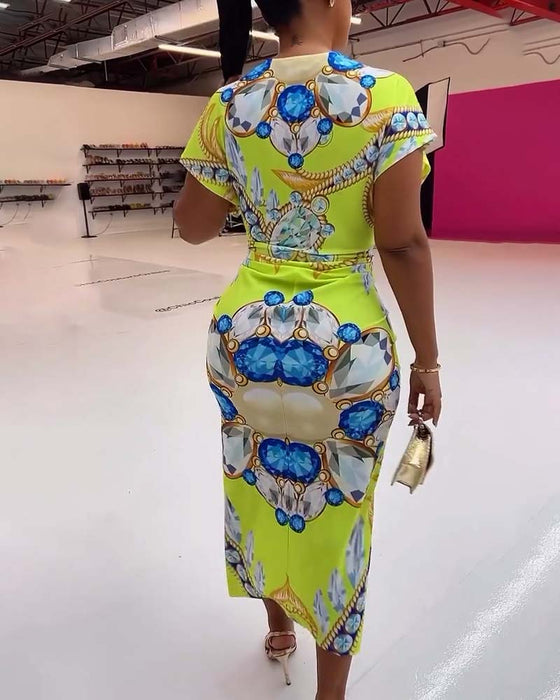 Gul slim fit kjole med print