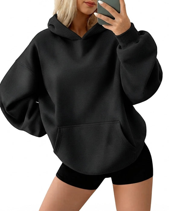Hoodie Med Hætte Lomme Solid Løs
