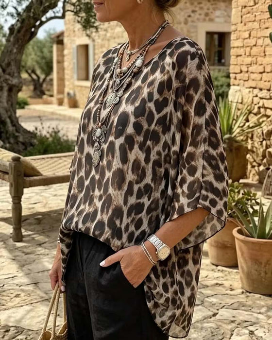 Bluse Leopard Flagermus-Ærme Løs