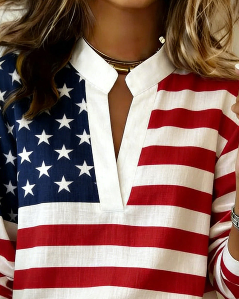 Bluse Flag Tryk Mandarin Krave V-Hals