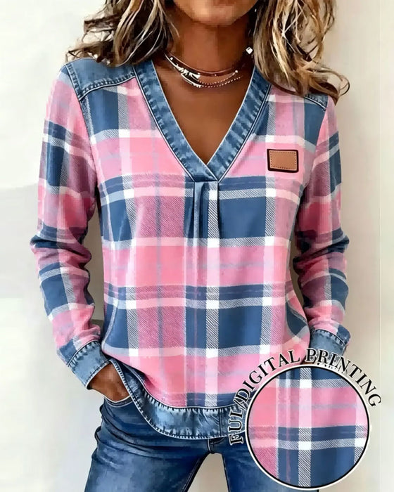 Top V-Hals Rutet Denim Patchwork
