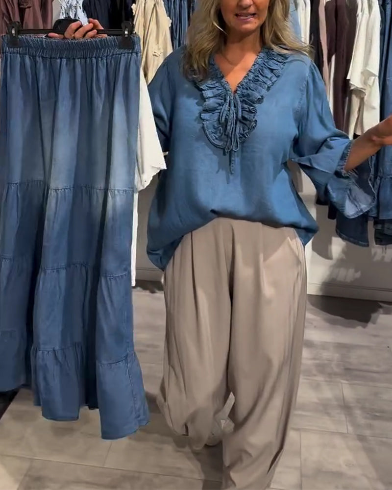 Bluse Rynke Kant Bind Denim