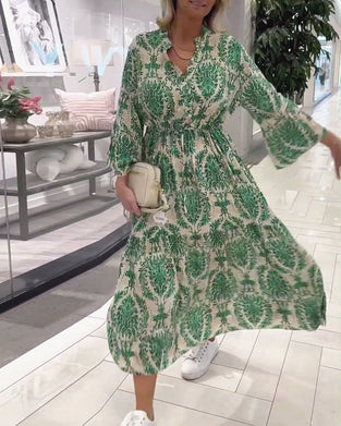 Mønstret kjole med klokkeærmer og snøre