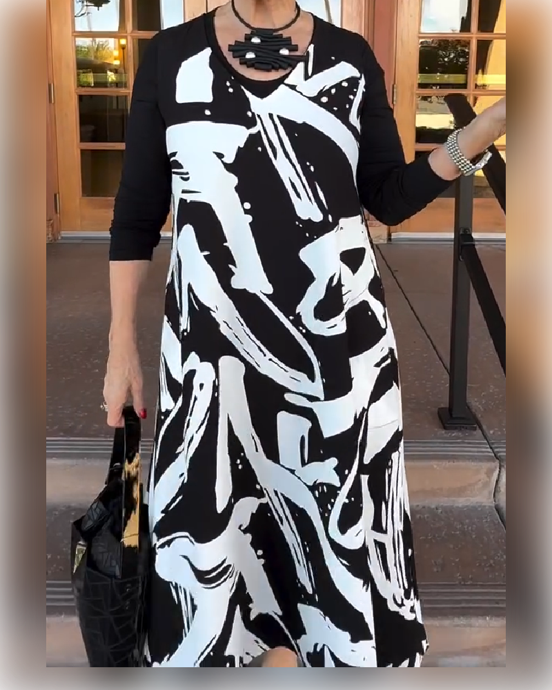 Kjole Langærmet Patchwork Trykt