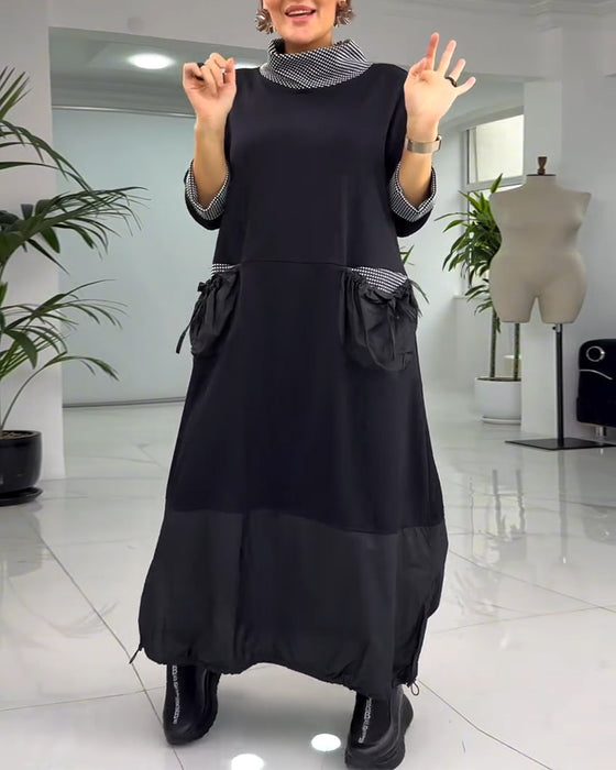 Afslappet patchworkkjole med høj krave