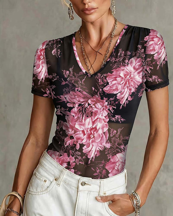 T-Shirt Med V-Udskæring Og Blomstermønster Kort Ærme