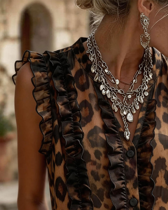 Tank Top Ærmeløs Leopard Tryk Rynket