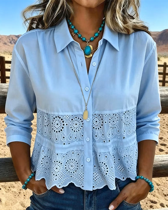 Bluse Udskæring Patchwork Krave