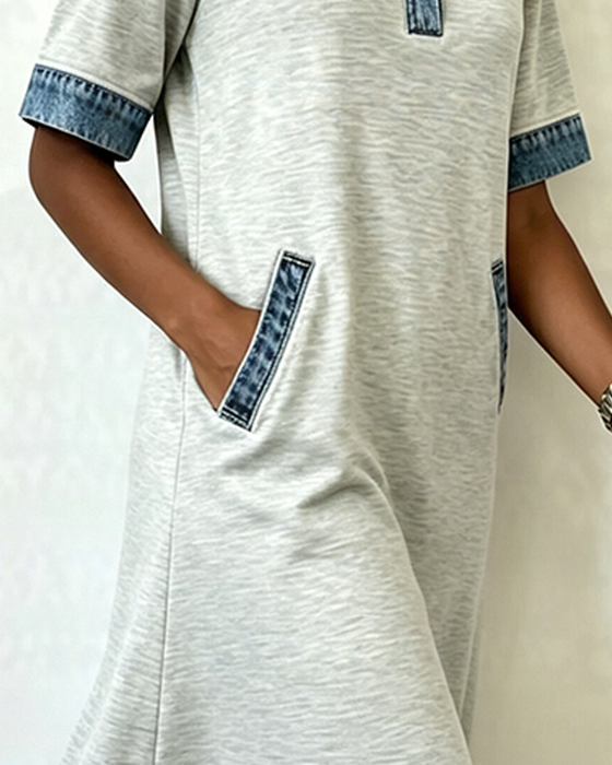 Kjole Skjortekrave Denim Patchwork Lomme