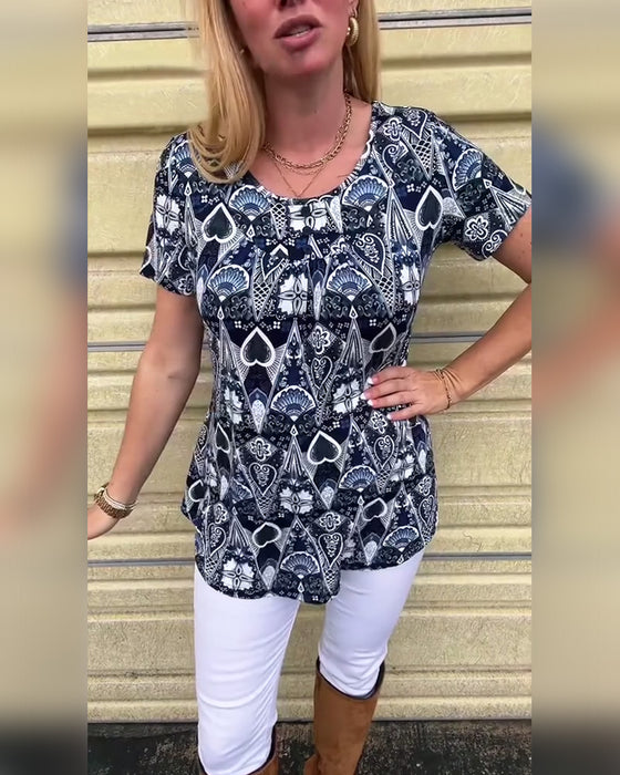 T-shirt med rund hals og print, afslappet retro-print