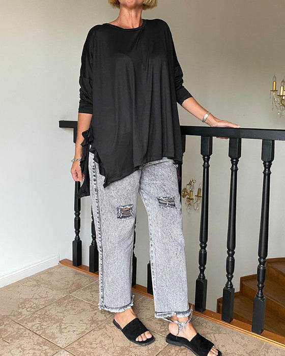 Ensfarvet plisseret bluse med rund hals