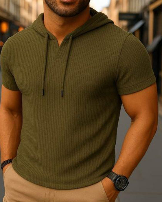T-Shirt V-Hals Slids Lodret Stribe Kort Ærme Hoodie