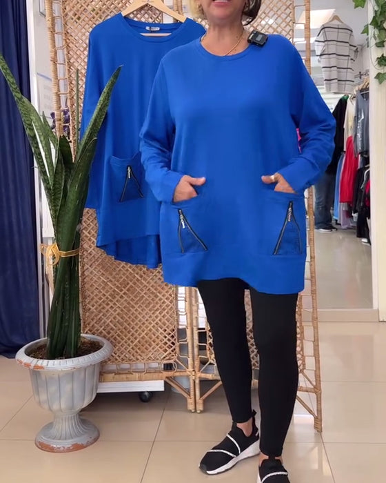 Ensfarvet lynlåslomme til sweatshirt med rund hals