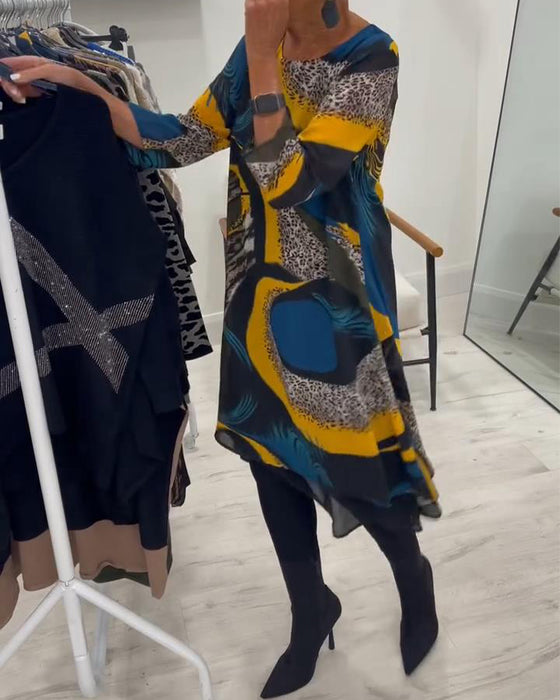 Elegant Trykt Kjole Med Rund Halsudskæring