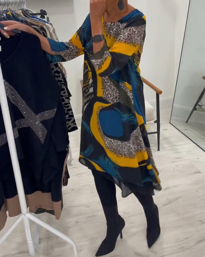 Elegant Trykt Kjole Med Rund Halsudskæring