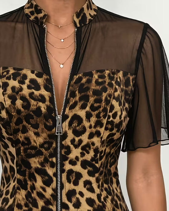 Bluse Leopard Patchwork Mandarin Krave Lynlås