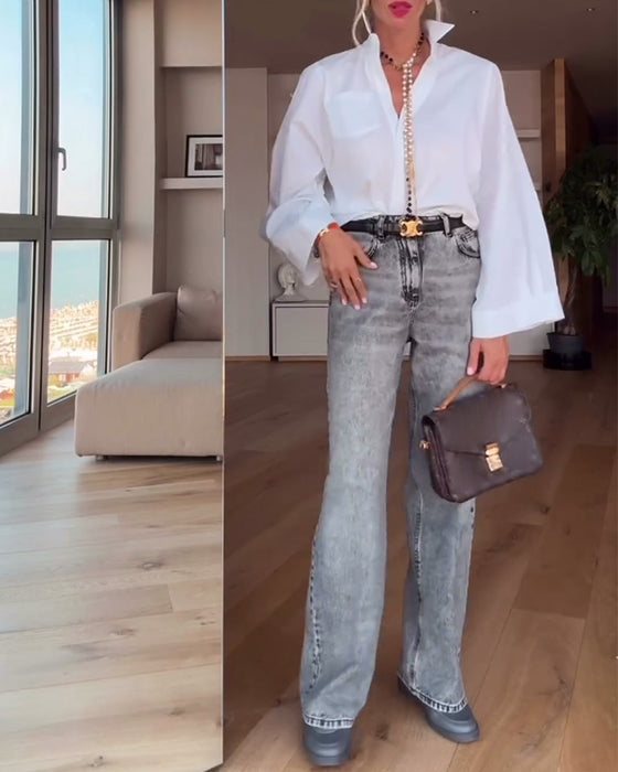 Skjorte Revers Ensfarvet Casual