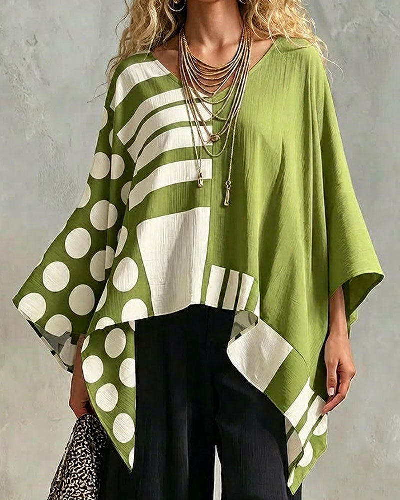 Bluse Polka Dot Stribe Patchwork V Halsudskæring