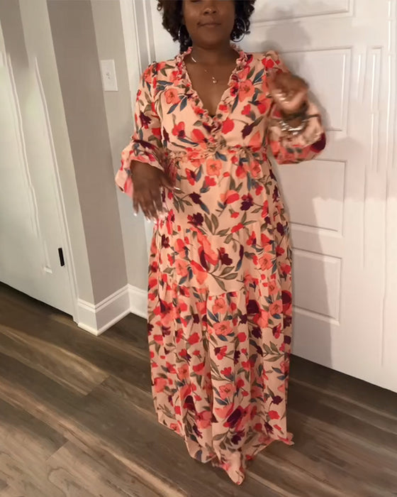 Kjole V-Hals Lange Ærmer Blomster