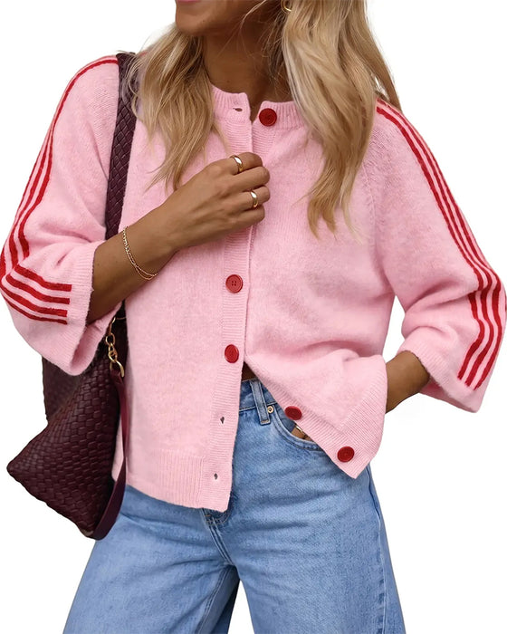 Cardigan Stribet 3/4 Ærme Knap