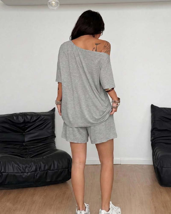 Set En-Skulder Flagermusærme Løs Shorts