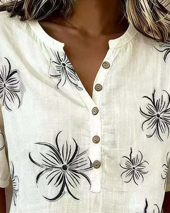 Bluse Crew Neck Knappestrop Blomstret Casual