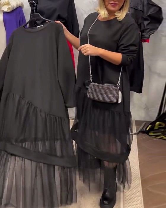 Løs Ensfarvet Kjole Med Meshpatchwork