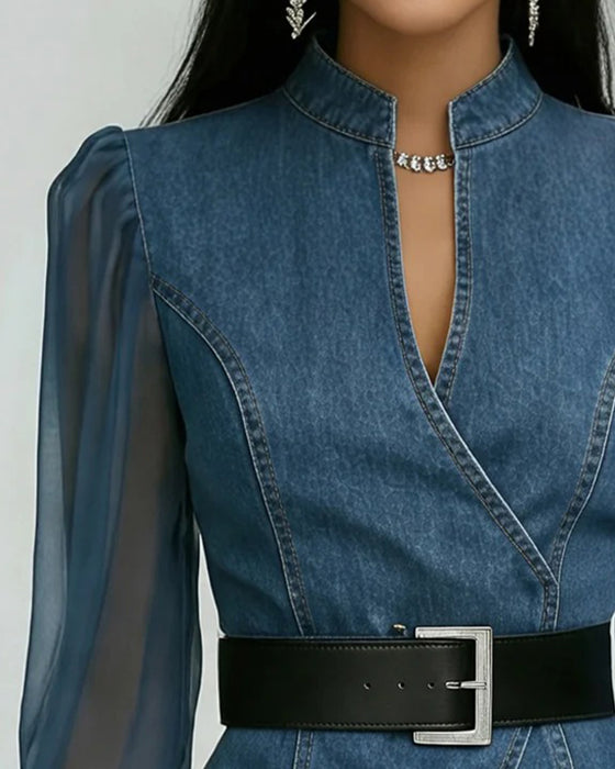 Bluse I Elegant Mesh Og Denim