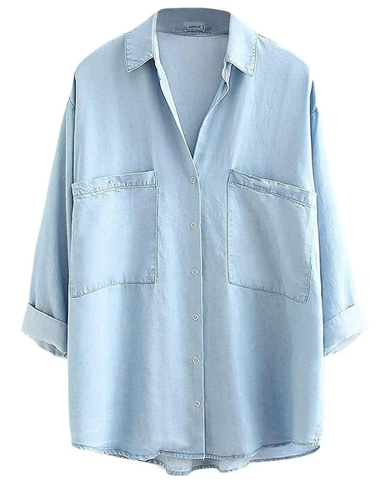 Skjorte Krave Lomme Knapning Denim