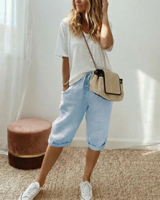 Ensfarvet behagelige bermudashorts med snøre