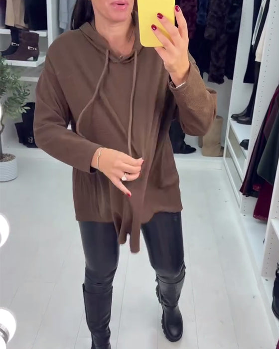 Uregelmæssig Løstsiddende Ensfarvet Langærmet Hoodie