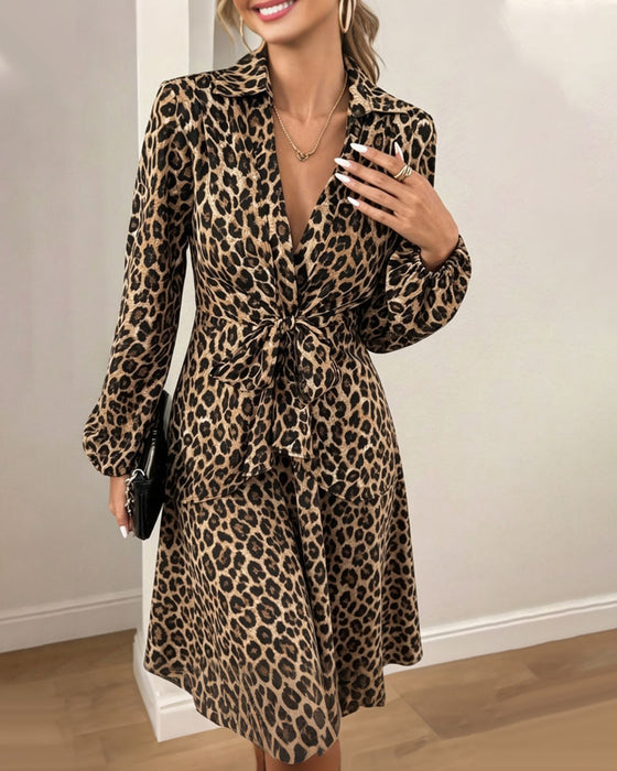 Kjole Leopardprint Revers Talje Strop Skjorte