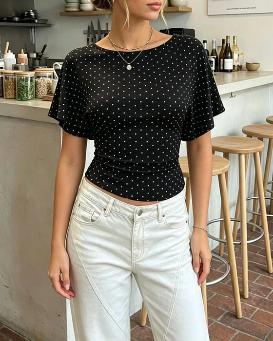 T-Shirt Prikket Taljeret Rund Hals Kort Ærme