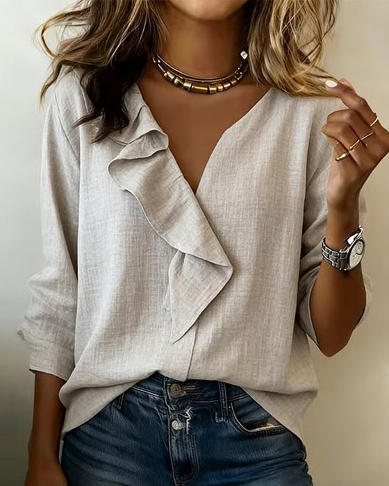 Bluse Rynket Ensfarvet Langærmet