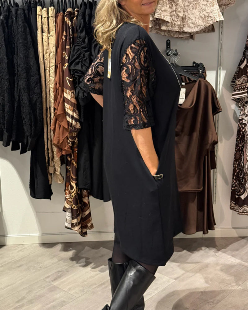 Kjole Stilfuld V-hals Kjole Med Blonderærmer