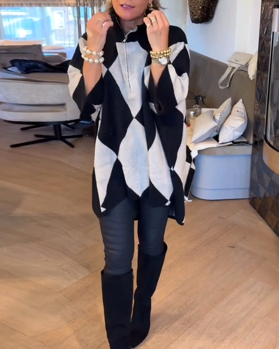 Sweater Stående Krave Argyle Uregelmæssig