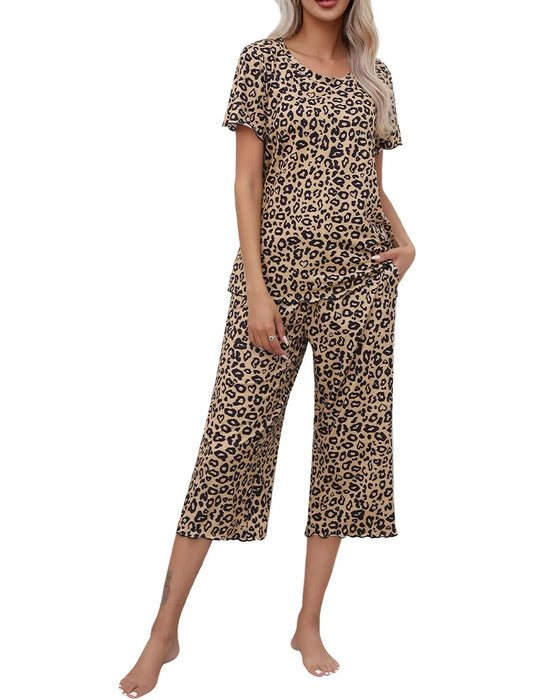 Sæt Rund Hals Leopard Tryk Kort Ærme Syv-Punkts Bukser
