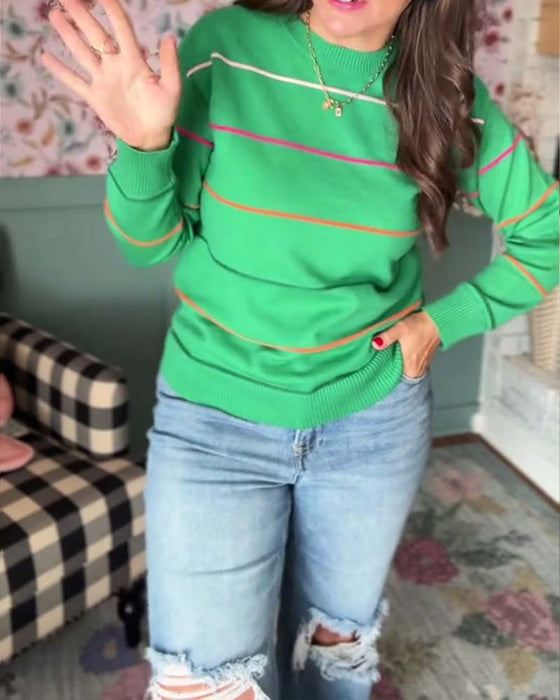 Pullover med rund hals og striber, afslappet