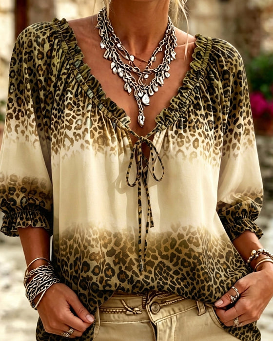 Bluse V-Hals Leopardmønster Snøring