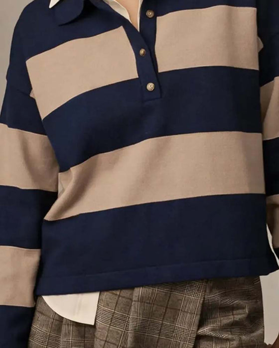 Pullover Med Bred Stribet Knappet Krave