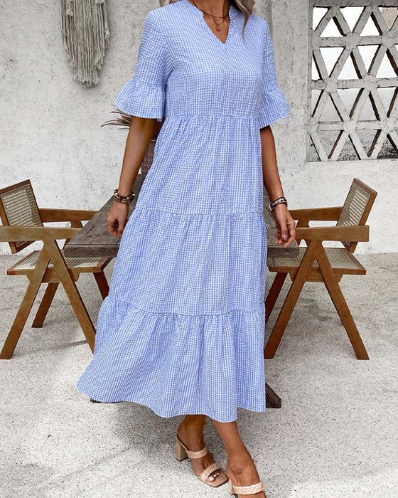 Kjole Blå Hvid Gingham V-Hals