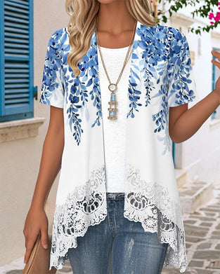 Bluse Uregelmæssig Faux To-del Tryk