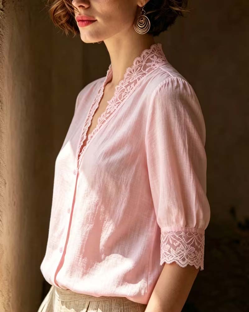 Bluse V-Hals Blonder Patchwork Ensfarvet Tre Kvart Ærme