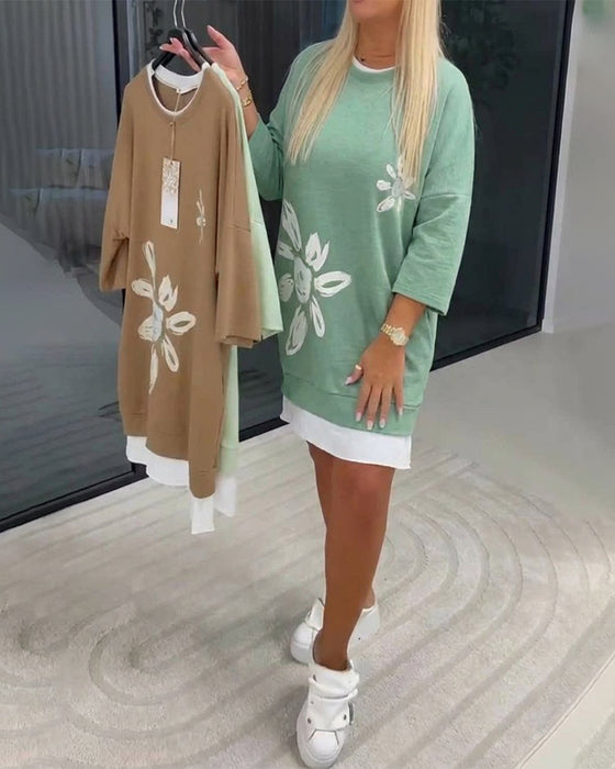 Sweatshirtkjole Rund Hals Trykt Patchwork