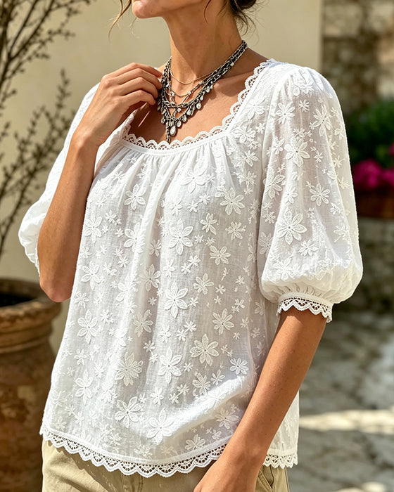 Bluse Med Firkantet Hals Puffærmer Jacquard