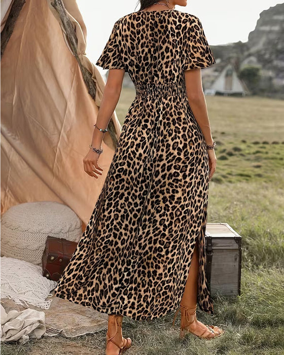 Kjole Leopard V-Hals Elastisk Talje A-Linje