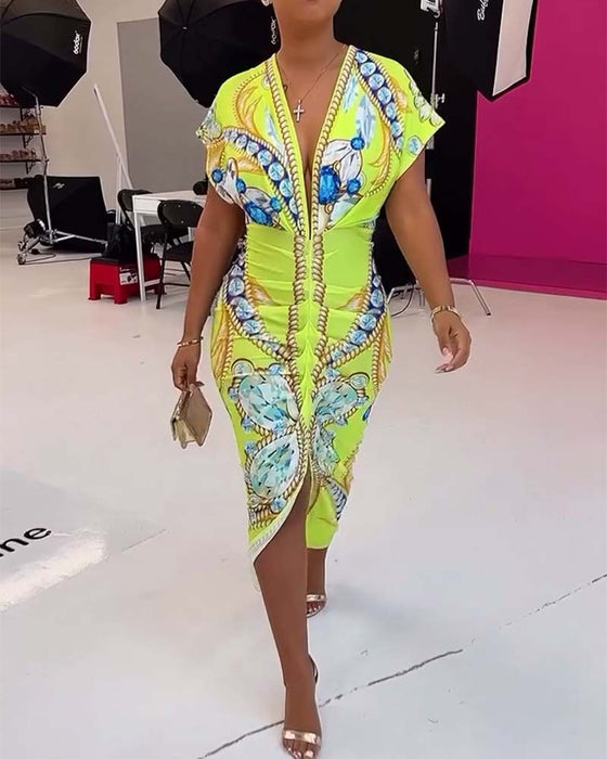 Gul slim fit kjole med print