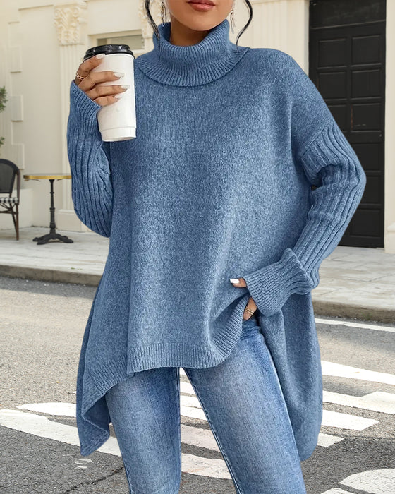 Løs Sweater med Høj Krave og Uregelmæssigt Snit