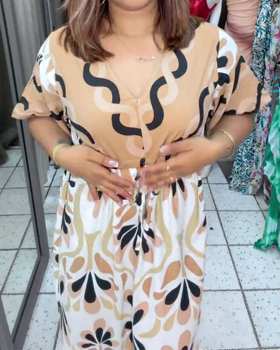 Kjole Farveblok Blomstret Kort Ærme Maxi