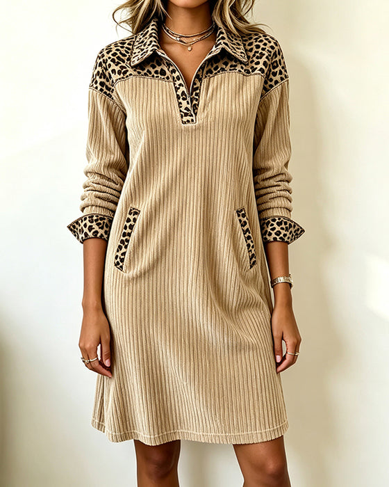Kjole Manchestertøj Leopardmønster Patchwork Krave Shift